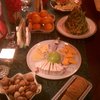 Christmas Eve pre-dinner snacks, including massive cheese spread tree from my dad.