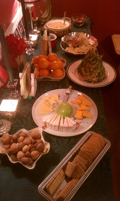 Christmas Eve pre-dinner snacks, including massive cheese spread tree from my dad.