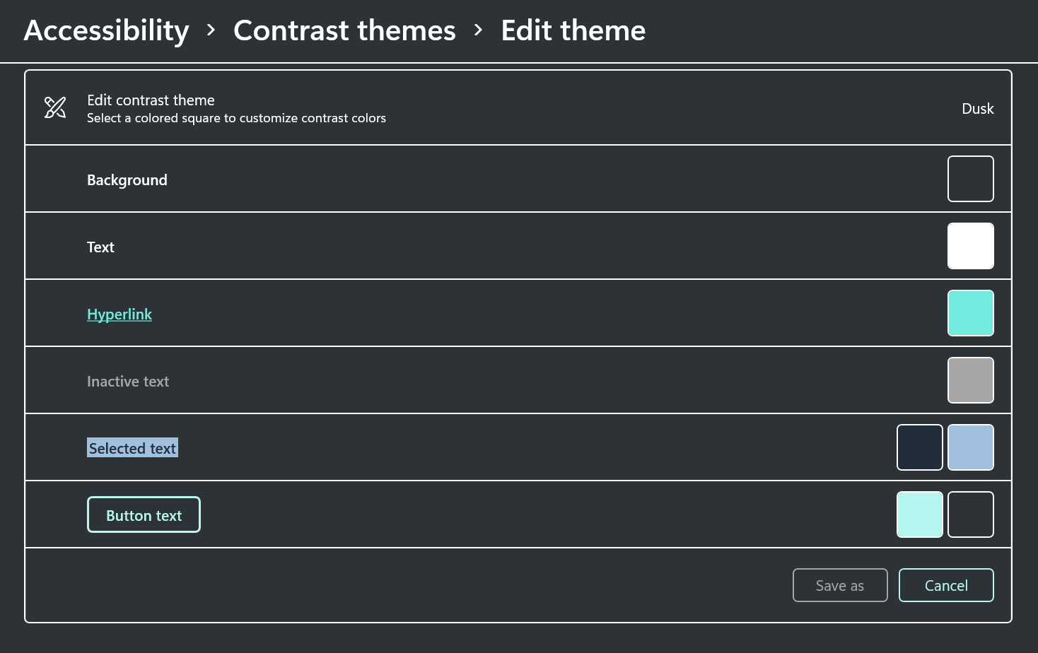 Dusk theme configuration screen.