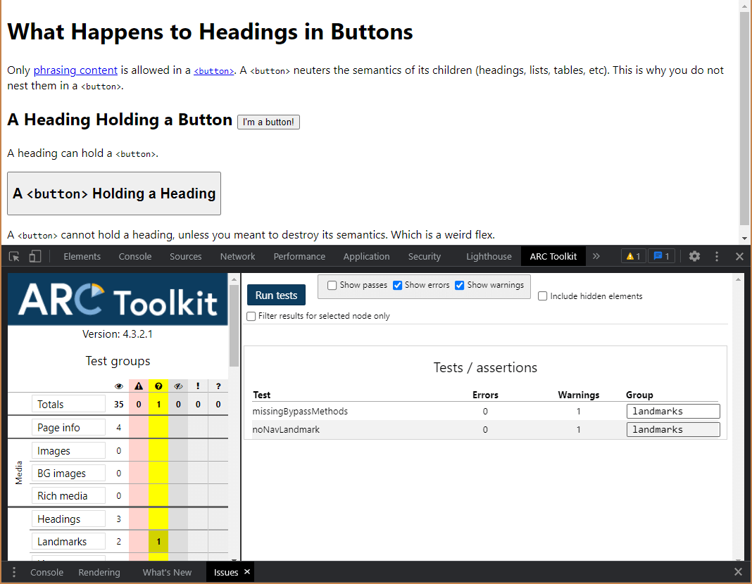 ARC Toolkit warns me there is no method to bypass the block of content and also there is no nav element.