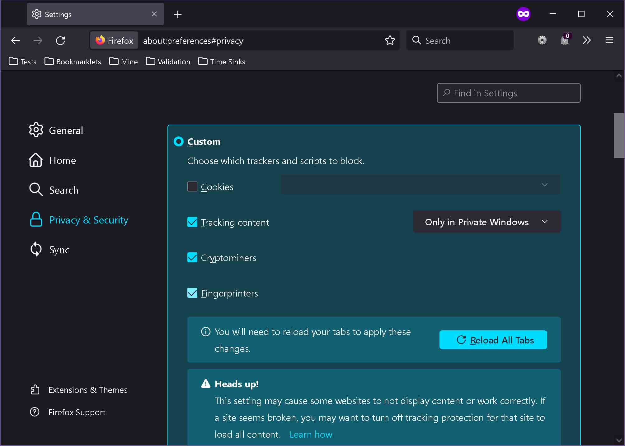 Firefox privacy & security screen with the custom settings showing I am allowing all cookies.